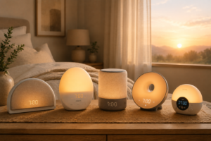Five sunrise alarm clocks lined up at dawn — Hatch Restore 3, Philips SmartSleep, Casper Glow, Lumie, and JALL.