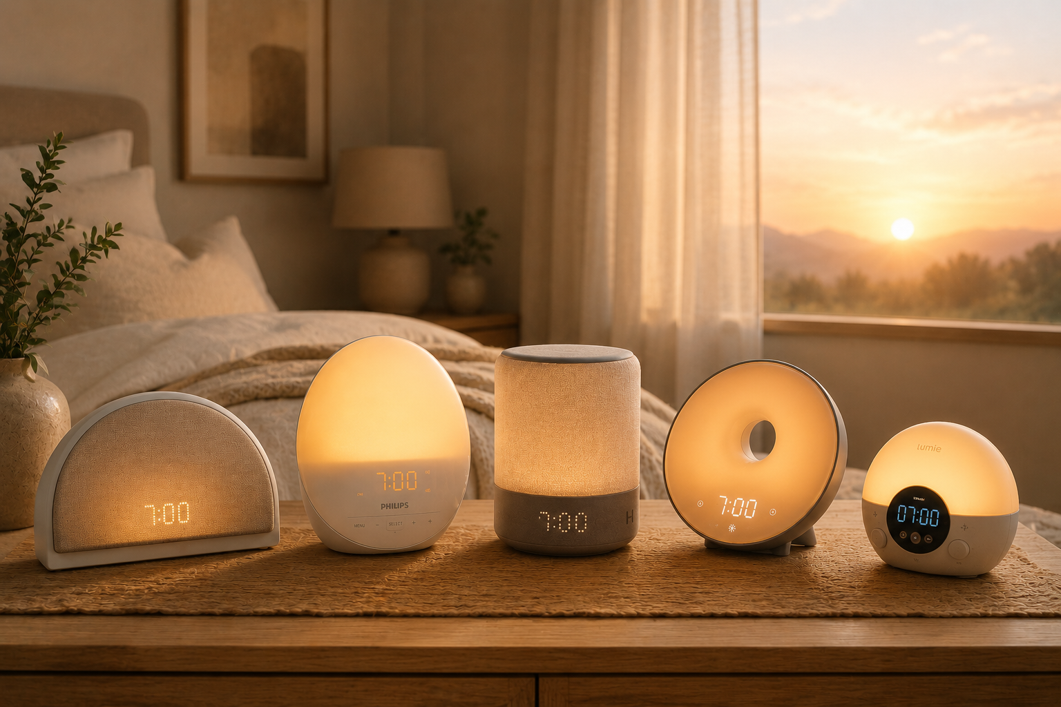 Five sunrise alarm clocks lined up at dawn — Hatch Restore 3, Philips SmartSleep, Casper Glow, Lumie, and JALL.