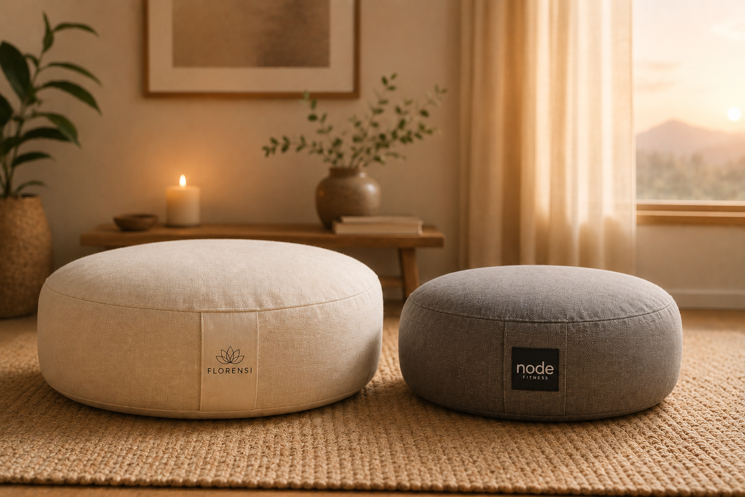 Florensi and Node Fitness zafu meditation cushions side-by-side on a jute rug in a calm sunlit meditation corner.