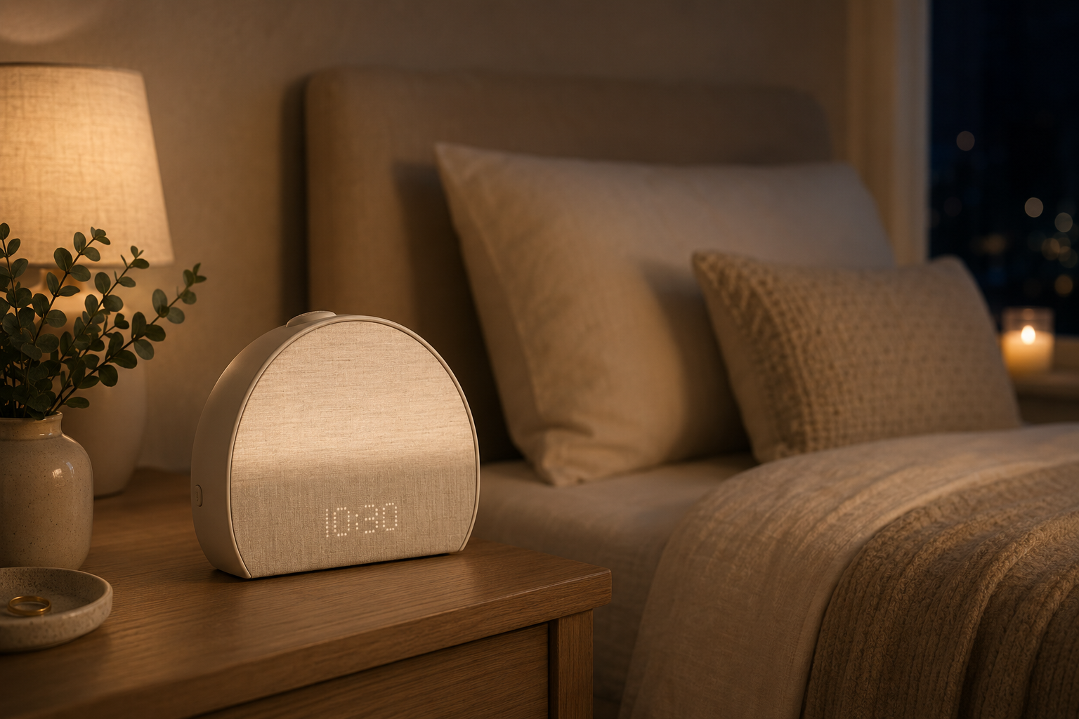 Hatch Restore 3 sunrise alarm clock glowing on a wood nightstand at night beside a linen bed and warm lamp.