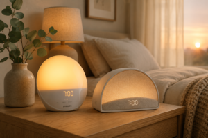 Philips SmartSleep Wake-Up Light and Hatch Restore 3 sunrise alarm clocks on a wood nightstand at sunrise.