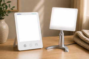 Verilux HappyLight Luxe and Carex Day-Light Classic Plus light therapy lamps side-by-side on a wood desk.