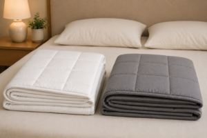 White and grey weighted blankets folded side-by-side on a linen bed — YnM vs Gravity blanket comparison.