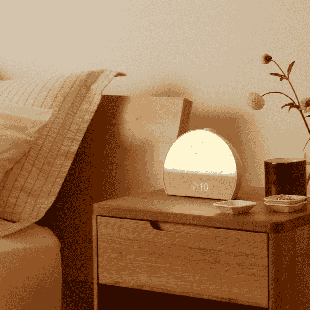 warm minimalist bedroom nightstand with soft lighting and decor