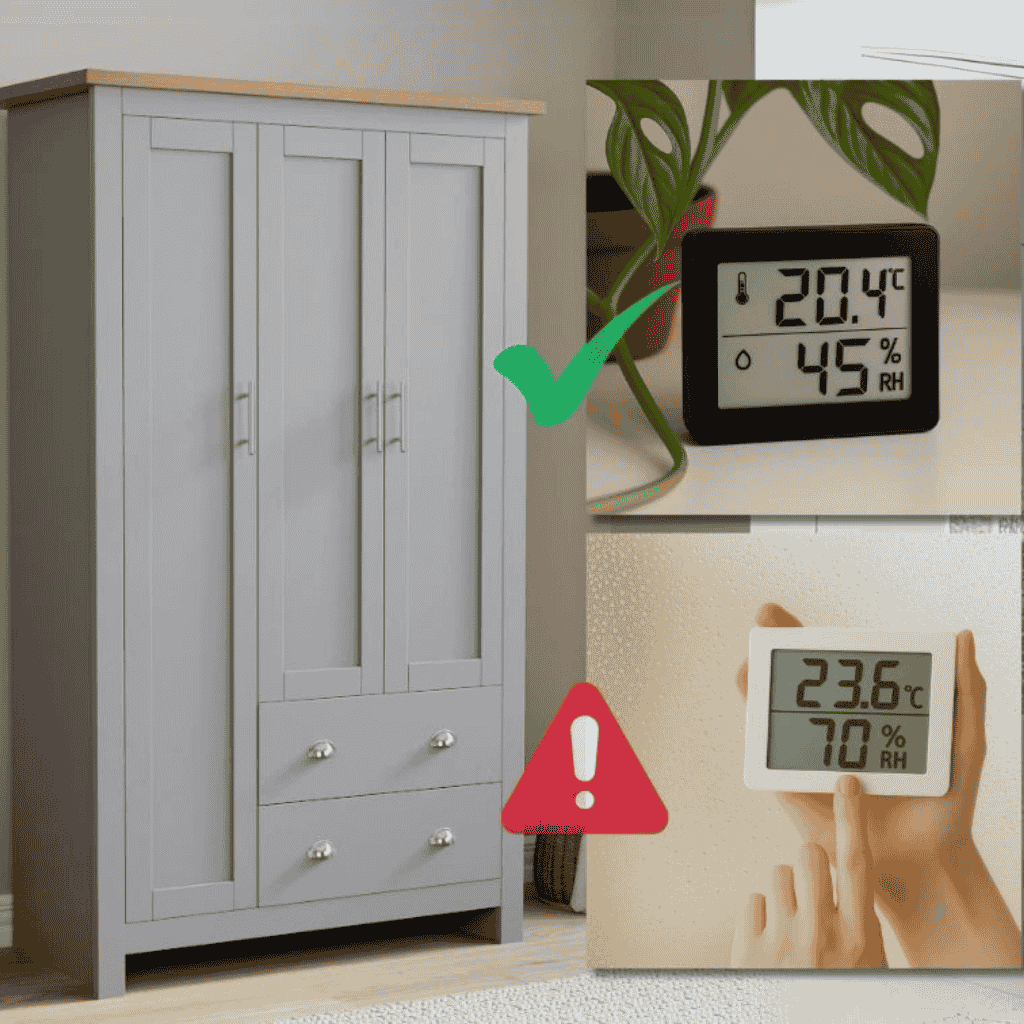 A closet showing poor airflow where humidity builds up, affecting the overall bedroom sleep environment.