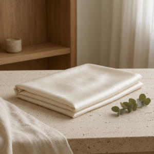 Side-by-side comparison of Blissy and Fishers Finery mulberry silk pillowcase boxes with folded ivory silk on travertine tables.