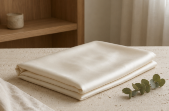 Side-by-side comparison of Blissy and Fishers Finery mulberry silk pillowcase boxes with folded ivory silk on travertine tables.