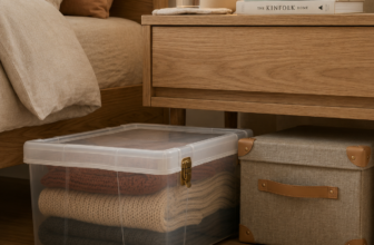 Clear plastic under-bed storage bin with folded winter blankets next to a fabric bin under a warm wood nightstand.