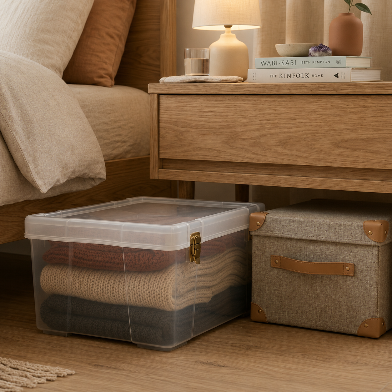 Clear plastic under-bed storage bin with folded winter blankets next to a fabric bin under a warm wood nightstand.