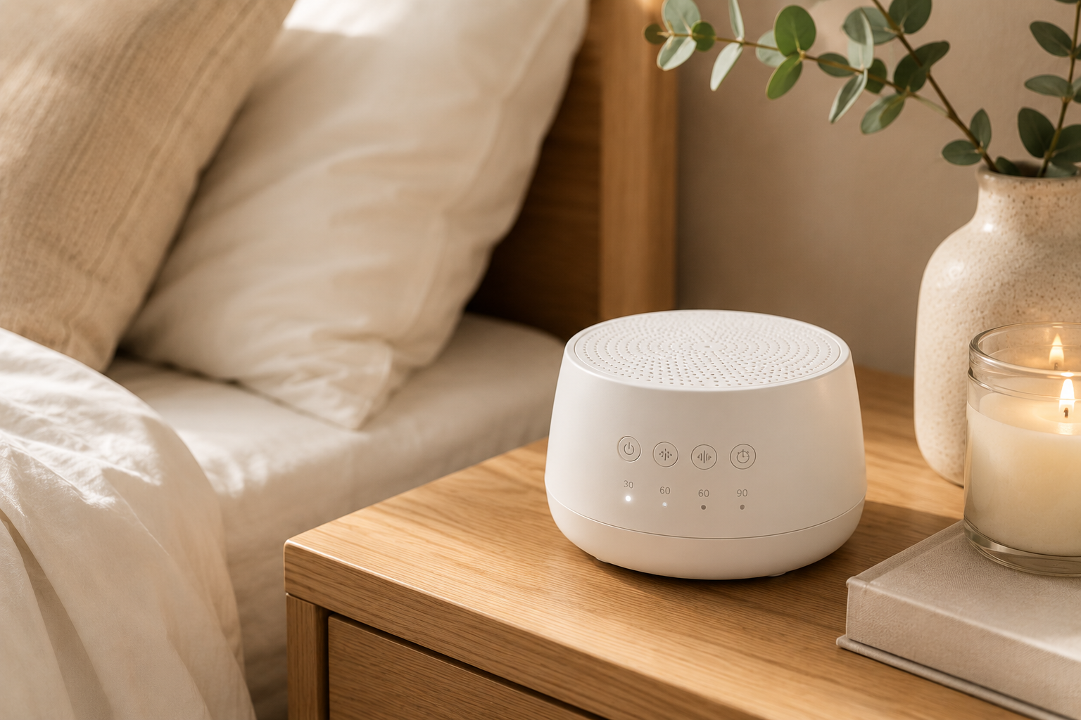 White noise machine on a wood nightstand beside linen bedding, eucalyptus, and a candle in a calm minimalist bedroom.