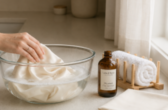 Hand-washing a white silk pillowcase in a glass bowl with pH-neutral silk wash on a kitchen counter beside folded linen.
