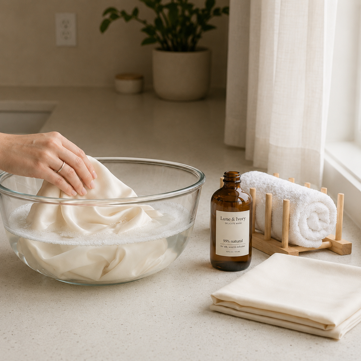 Hand-washing a white silk pillowcase in a glass bowl with pH-neutral silk wash on a kitchen counter beside folded linen.