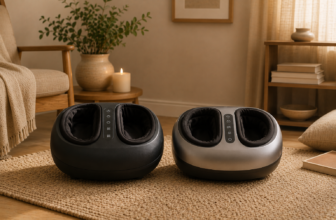Black Nekteck and grey RENPHO Shiatsu foot massagers side-by-side on a jute rug in a warm calm living room.