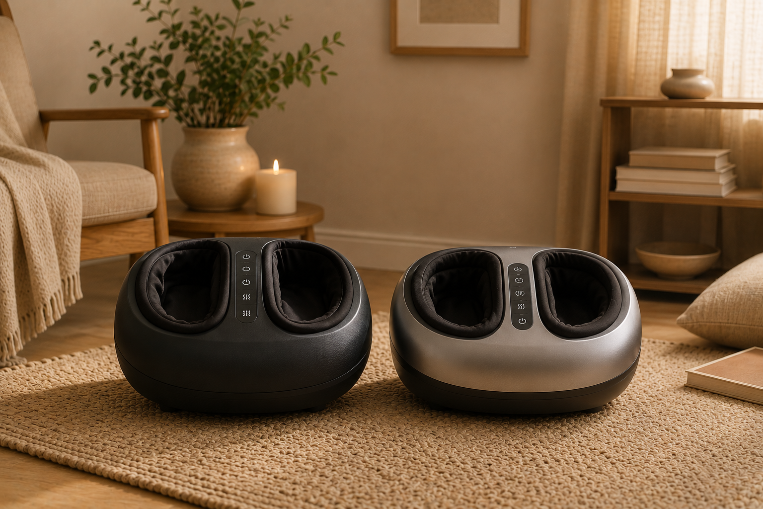 Black Nekteck and grey RENPHO Shiatsu foot massagers side-by-side on a jute rug in a warm calm living room.