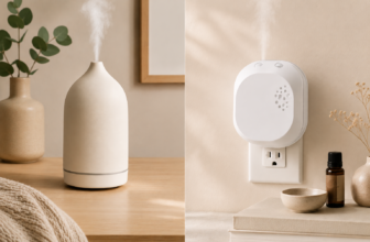 Vitruvi ceramic stone diffuser next to plug-in Pura 4 smart diffuser side-by-side comparison for small spaces.
