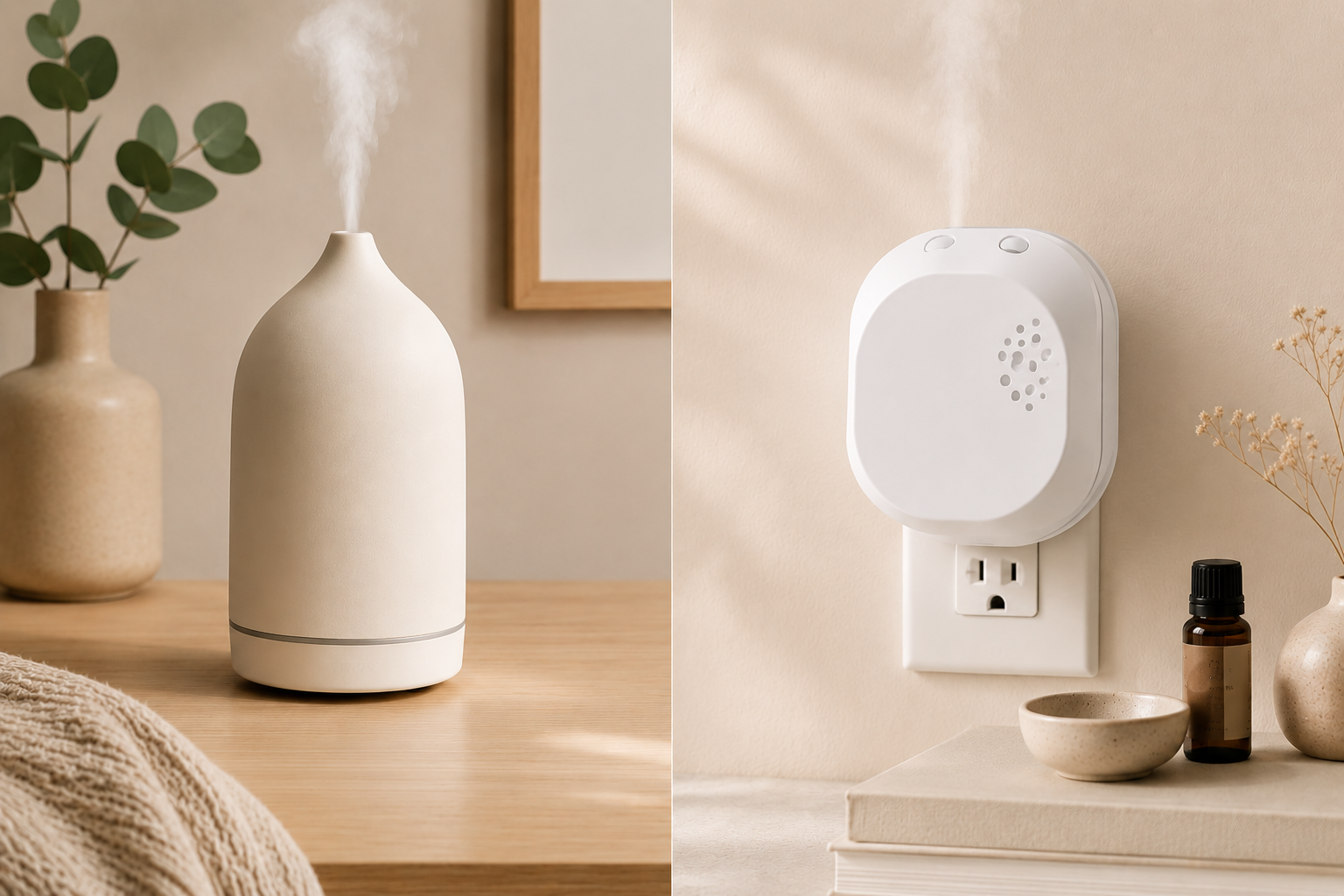 Vitruvi ceramic stone diffuser next to plug-in Pura 4 smart diffuser side-by-side comparison for small spaces.