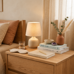 Warm minimalist bedroom nightstand styled with linen lamp, ceramic vase, sleep mask, Wabi-Sabi and Kinfolk books, and water glass.
