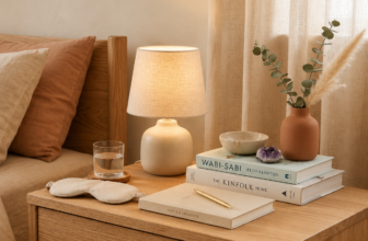 Warm minimalist bedroom nightstand styled with linen lamp, ceramic vase, sleep mask, Wabi-Sabi and Kinfolk books, and water glass.