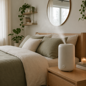 Cool mist humidifier on a wood nightstand in a cozy bedroom with linen bedding, warm lamp, and rainy window.
