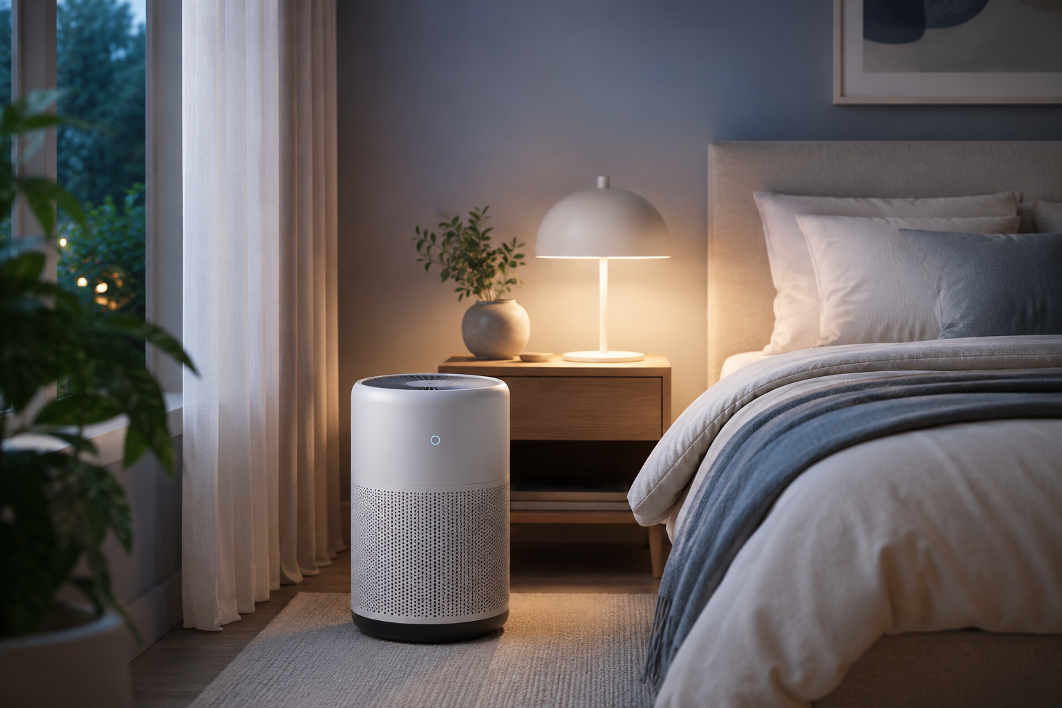 Compact white air purifier on the floor beside a nightstand in a calm, dimly lit minimalist bedroom at night.