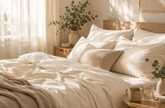 Cream organic cotton sheets and linen bedding on an oak bed frame in a sunlit minimalist bedroom with eucalyptus.