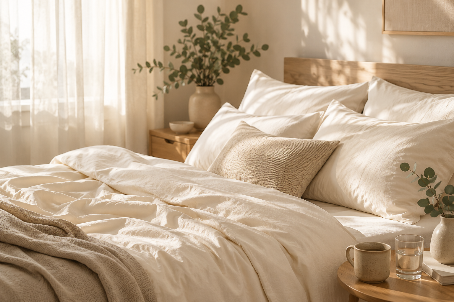 Cream organic cotton sheets and linen bedding on an oak bed frame in a sunlit minimalist bedroom with eucalyptus.