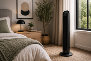 Black tower fan with digital display placed by the window in a warm minimalist bedroom with oak nightstand.