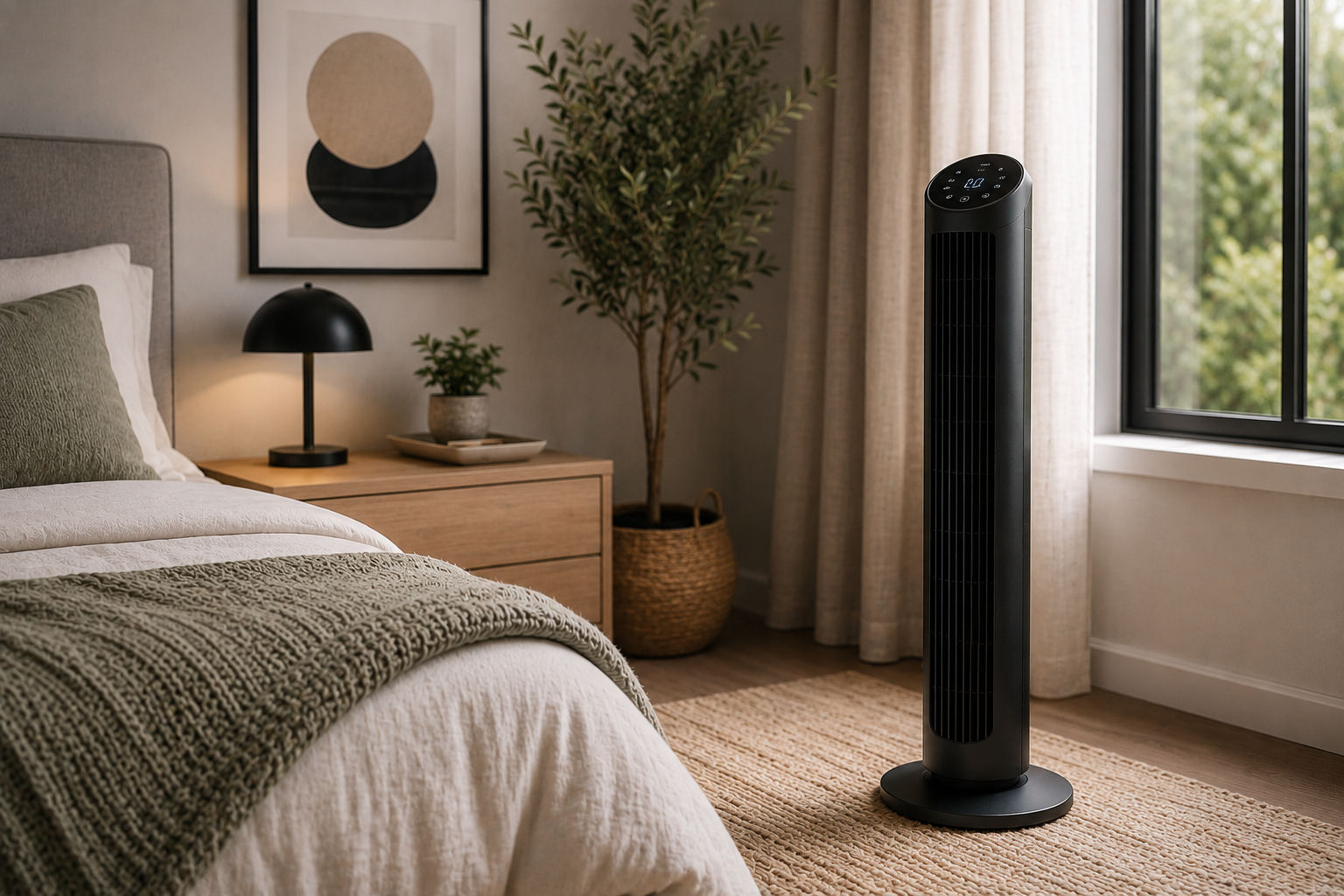 Black tower fan with digital display placed by the window in a warm minimalist bedroom with oak nightstand.