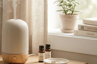 Silent ceramic essential oil diffuser on a wood nightstand in a small aesthetic bedroom with lavender oil.