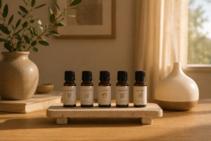Five amber essential oil bottles on a stone tray beside a diffuser in a warm minimalist home.