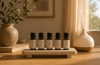 Five amber essential oil bottles on a stone tray beside a diffuser in a warm minimalist home.