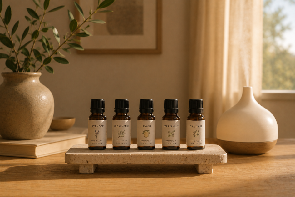 Five amber essential oil bottles on a stone tray beside a diffuser in a warm minimalist home.