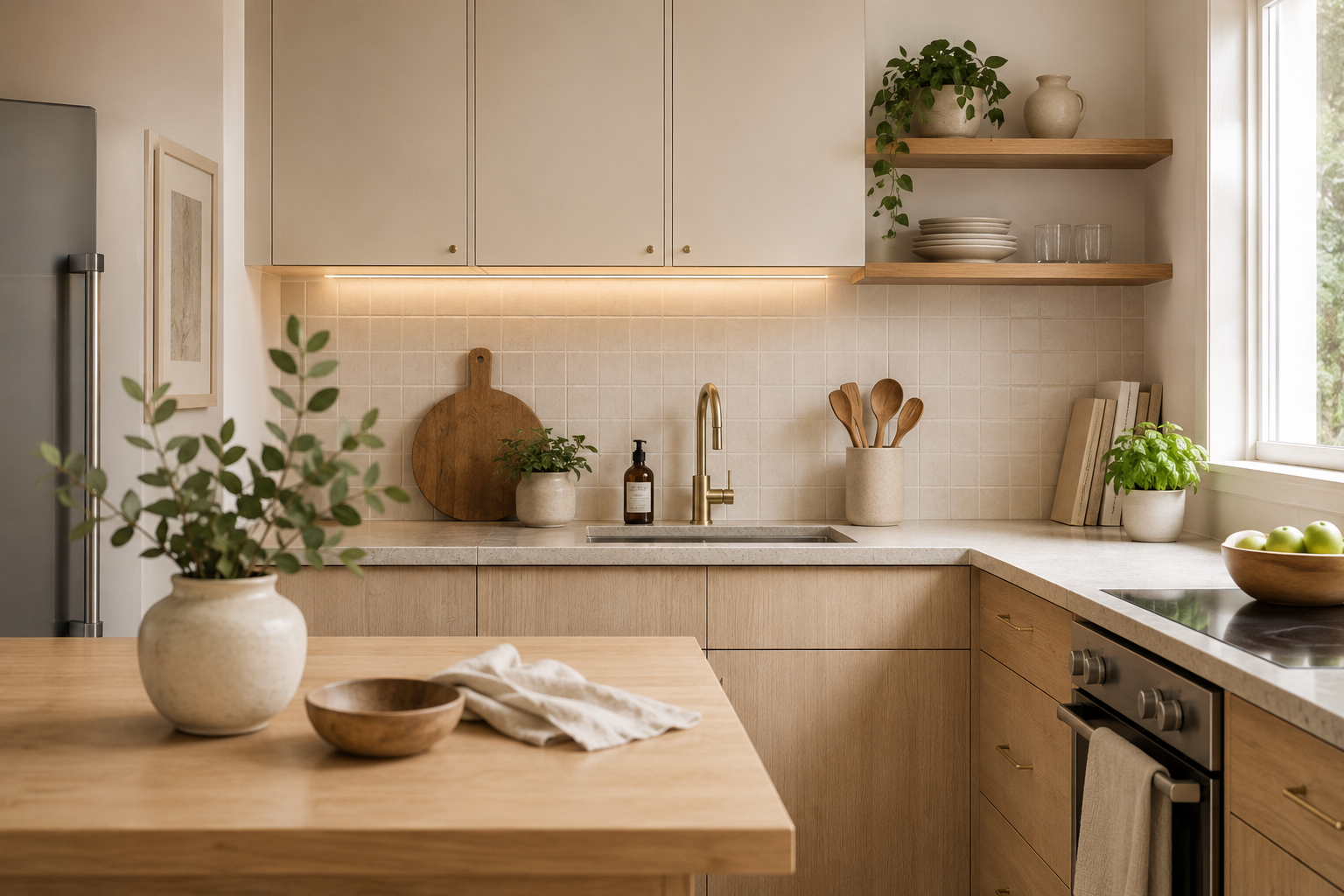 Warm minimalist small kitchen with light oak cabinets, brass faucet, open shelving, herbs, and decluttered counters.