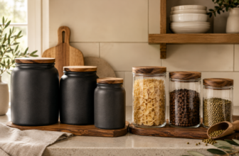 Black ceramic and clear glass food storage canisters with wood lids side-by-side on a warm kitchen counter.