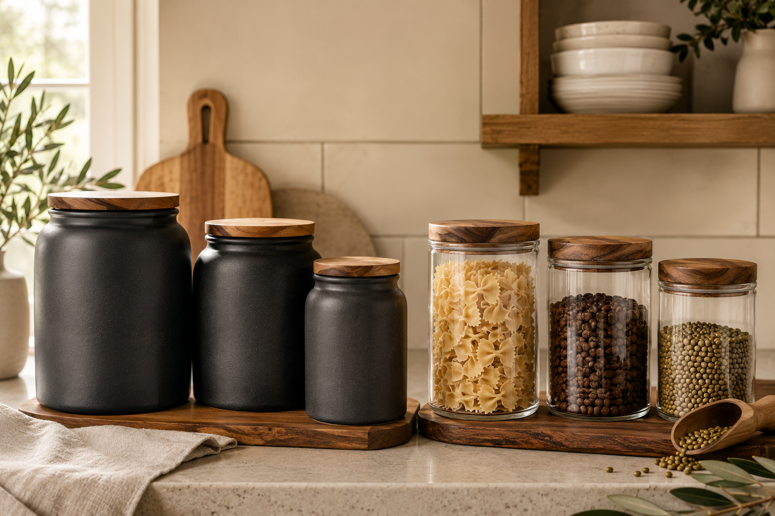 Black ceramic and clear glass food storage canisters with wood lids side-by-side on a warm kitchen counter.