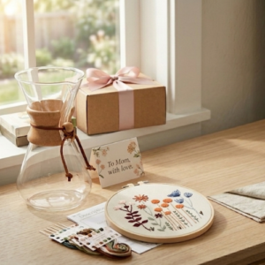 Last-minute Mother's Day gift package with embroidery kit, linen napkins, Chemex coffee maker, and "To Mom, with love" card.