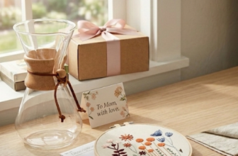 Last-minute Mother's Day gift package with embroidery kit, linen napkins, Chemex coffee maker, and "To Mom, with love" card.