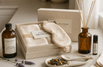 Luxury sleep gift edit featuring silk pillowcase, silk eye mask, reed diffuser, lavender, and pH-neutral wash in a Mother's Day box.