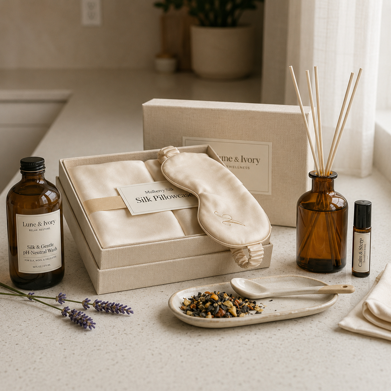 Luxury sleep gift edit featuring silk pillowcase, silk eye mask, reed diffuser, lavender, and pH-neutral wash in a Mother's Day box.
