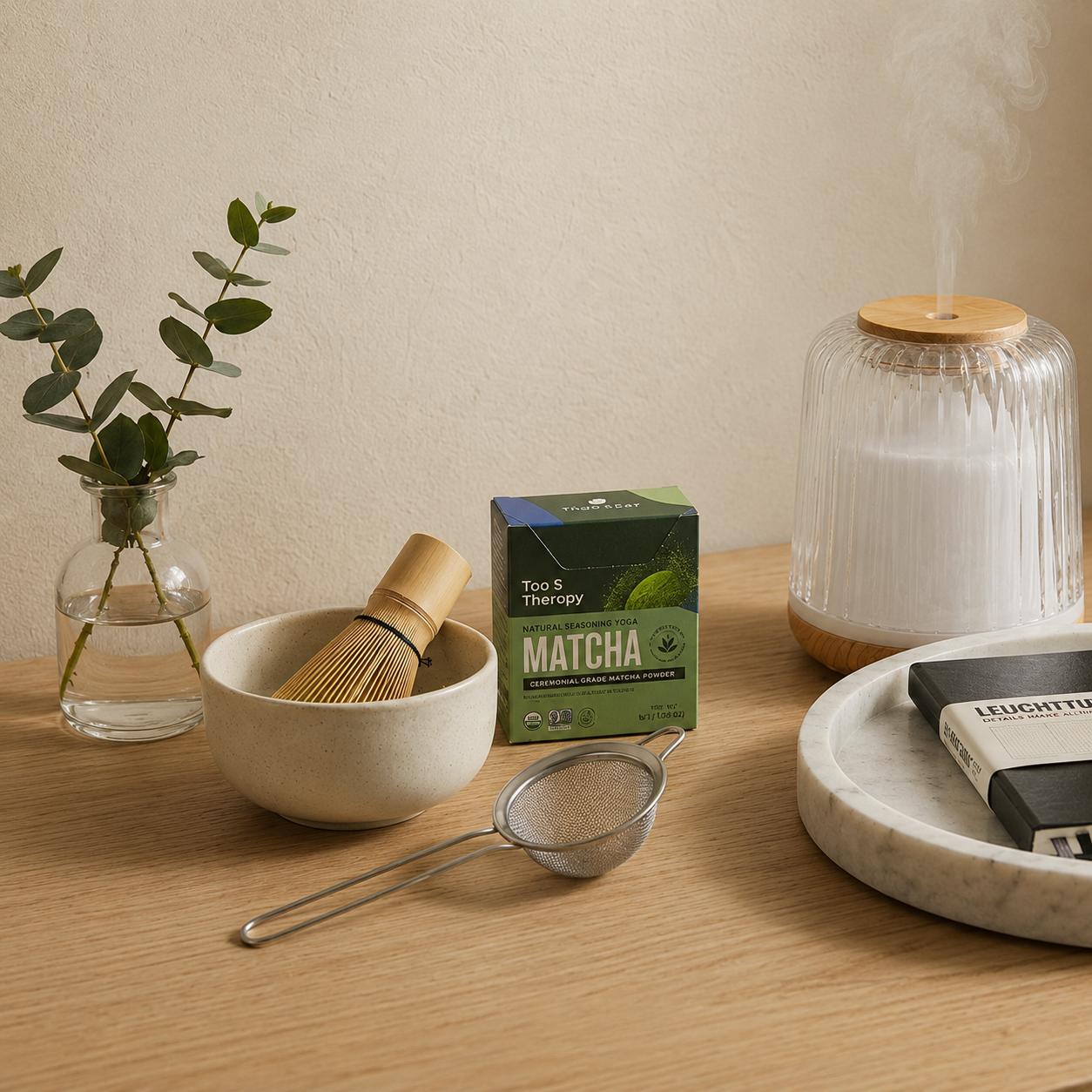 Quiet luxury Mother's Day gift flat lay with matcha set, Nécessaire body wash, Leuchtturm1917 journal, and ceramic diffuser.
