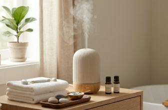 Minimalist home spa morning setup with diffuser, jade roller, folded towels, and freestanding tub by a sunlit window.