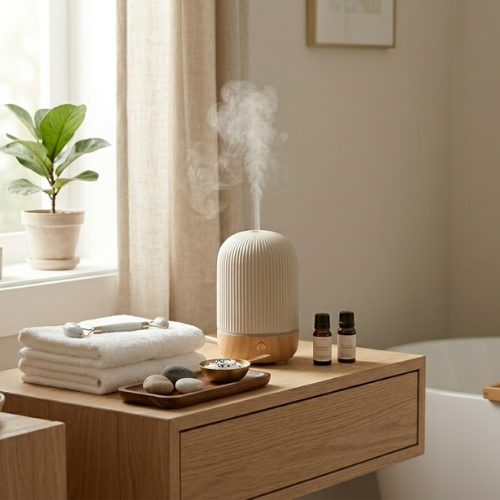 Minimalist home spa morning setup with diffuser, jade roller, folded towels, and freestanding tub by a sunlit window.
