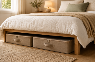 Two warm taupe fabric under-bed storage bins with leather handles under an oak bed in a warm minimalist bedroom.