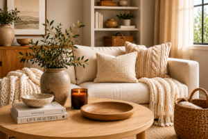 Layered textures in a warm minimalist living room — knit throw, boucle cushions, ceramic vase, wood bowl, and candle.