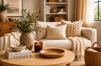 Layered textures in a warm minimalist living room — knit throw, boucle cushions, ceramic vase, wood bowl, and candle.