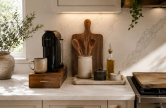 Styled minimalist kitchen countertop with a vertical coffee station, utensil crock, and corralled seasoning tray.