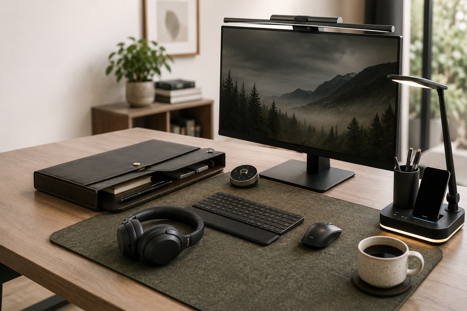 Minimalist home office desk with monitor light bar, green felt desk mat, headphones, and a charging lamp.