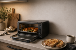 Black countertop flip toaster oven roasting chicken and vegetables beside a plate of toasted sourdough in a small kitchen.