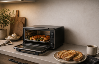 Black countertop flip toaster oven roasting chicken and vegetables beside a plate of toasted sourdough in a small kitchen.
