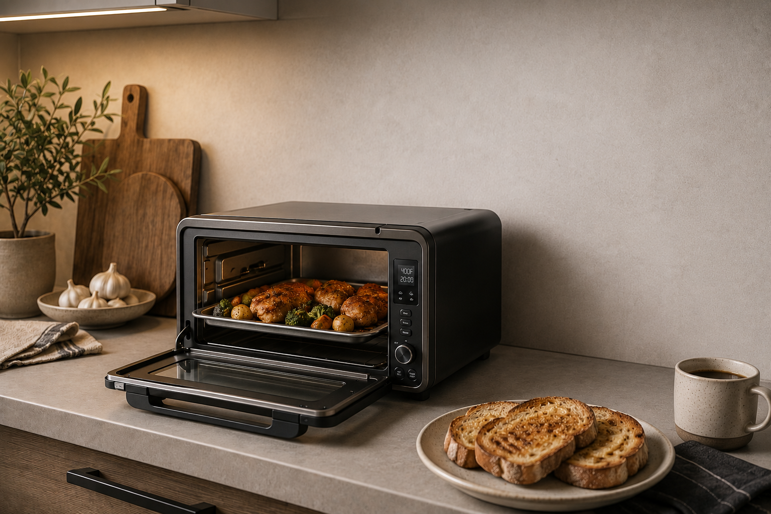 Black countertop flip toaster oven roasting chicken and vegetables beside a plate of toasted sourdough in a small kitchen.